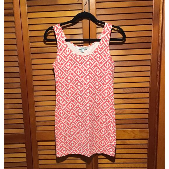 Forever 21 Bodycon Tank Mini Dress ~Sz Medium~ Coral Geometric Printed Pattern - Picture 2 of 7